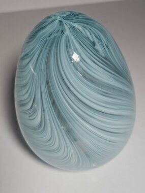 Art Glass Soft Blue With White Feather Swirls Hand Blown Egg Sculpture
